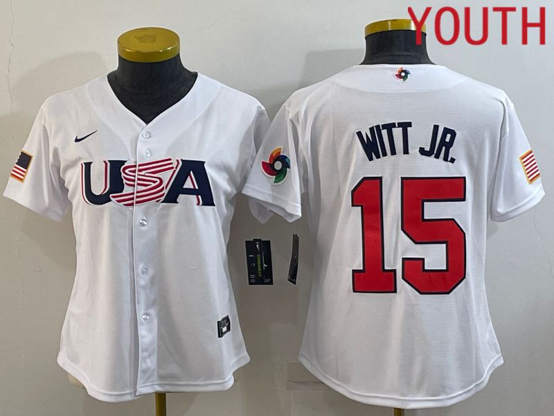 Youth 2023 World Cub USA #15 Witt jr White MLB Jersey8->youth mlb jersey->Youth Jersey